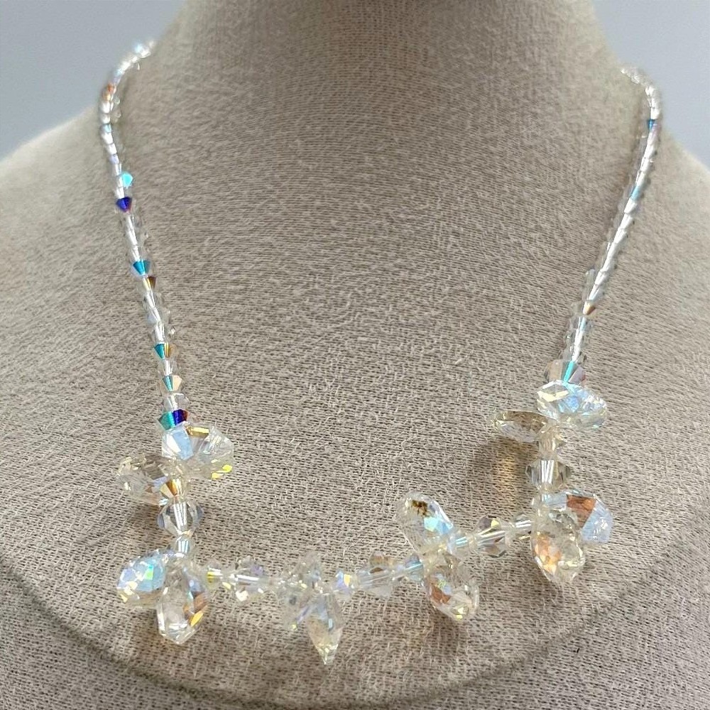 Vintage Aurora Borealis AB Crystal Necklace Iridescent Faceted Bead Choker 1950s